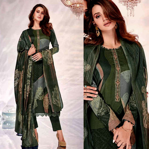 DARK OLIVE GREEN ABSTRACT STYLE PRINTED SATIN COTTON UNSTITCHED SALWAR KAMEEZ SUIT w FANCY EMBROIDERED LACE DRESS MATERIAL LADIES DEN