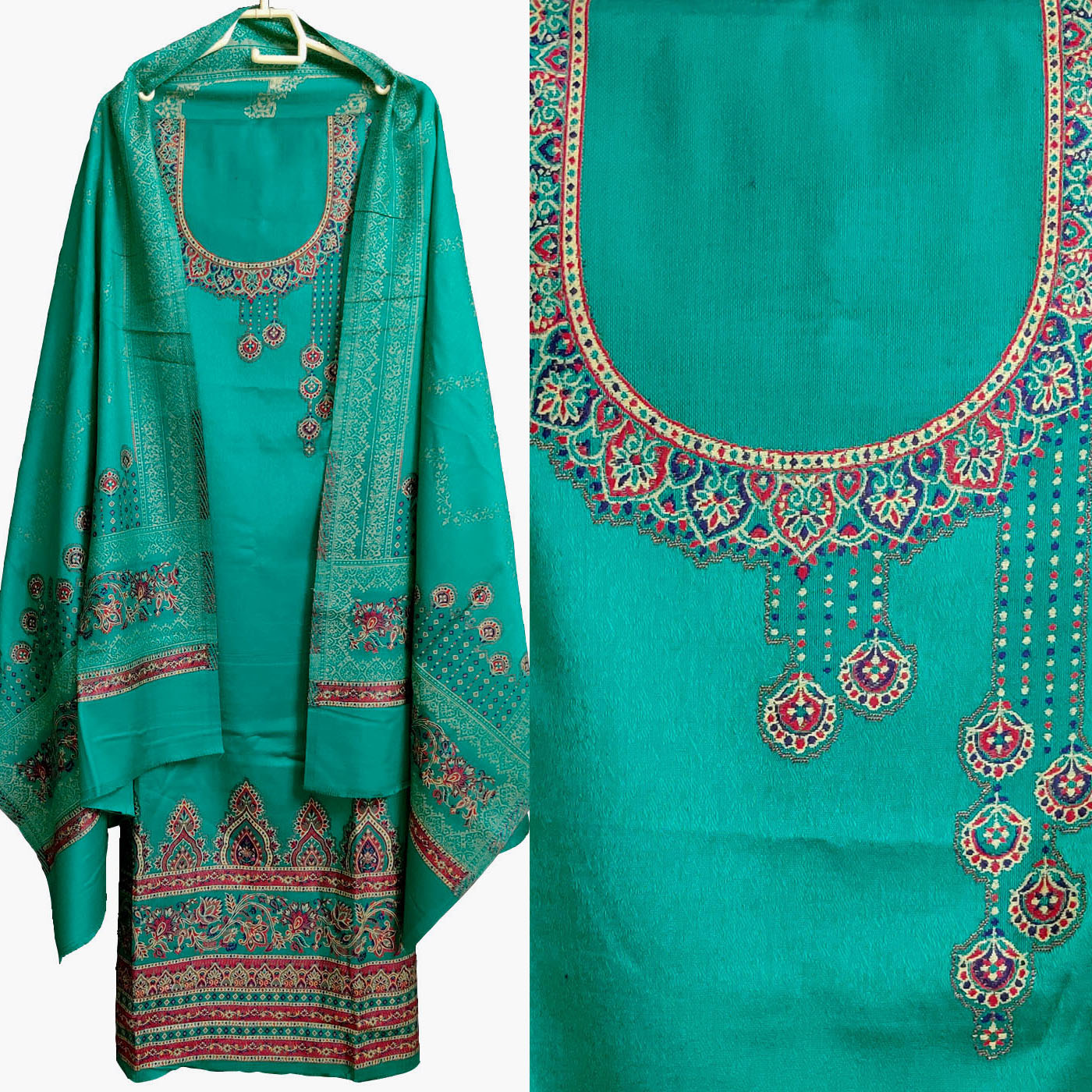 Green Handwoven Kani Zari Suit With Orange Contrast Dupatta – Kalasheel
