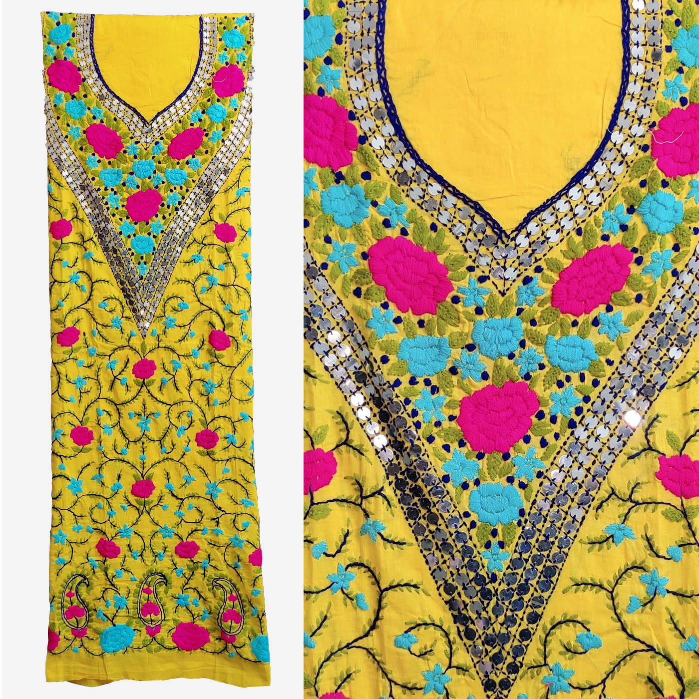 YELLOW COTTON CUSTOM STITCHED HAND EMBROIDERED KURTI KURTA OR SALWAR KAMEEZ UP TO READY SIZE 54 (stitching included) LADIES DEN