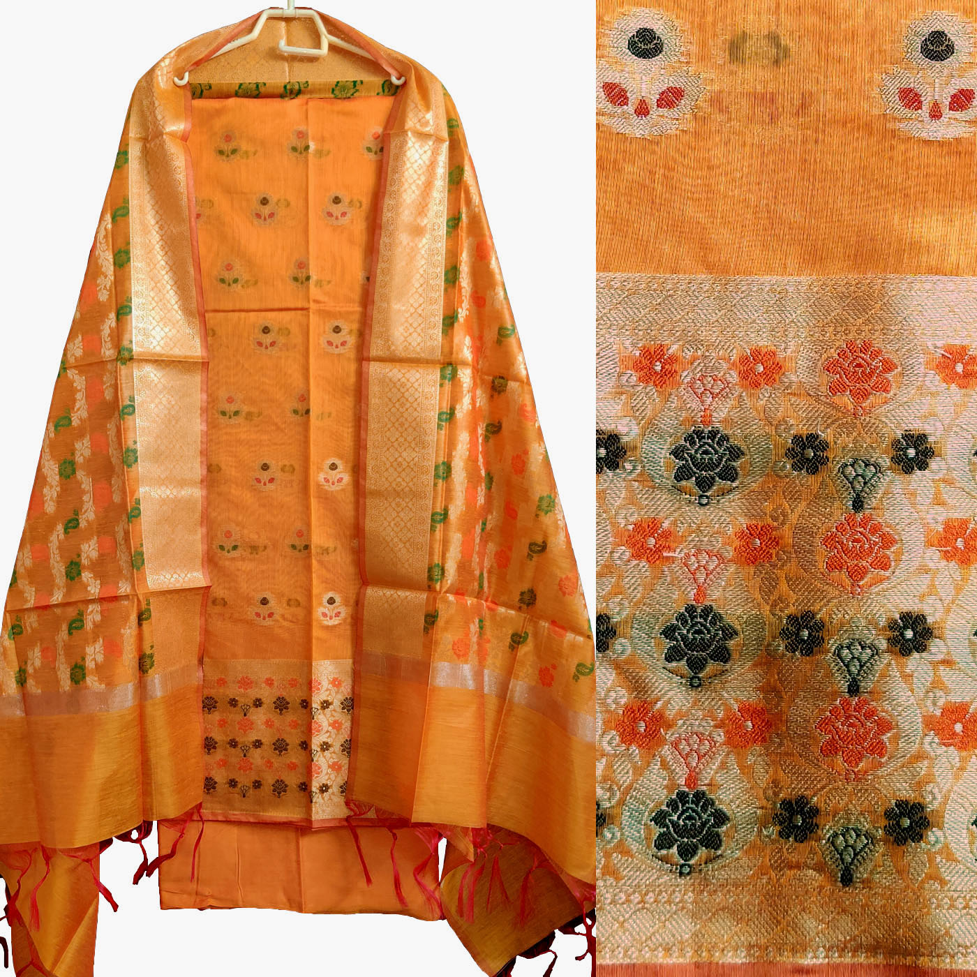 Designer Dress Material In Banarasi Silk Fabric... | Silk fabric dress, Silk  pant suit, Party wear dresses